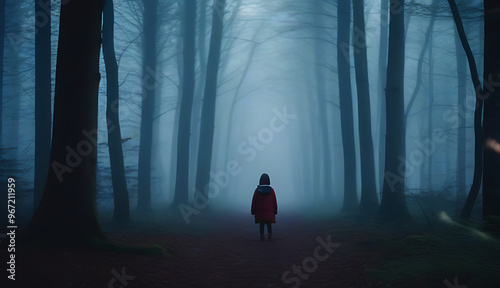 lost child spooky forest foggy early morning dusk landscape