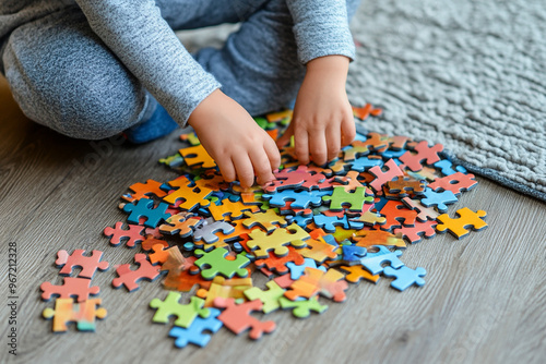 child on the floor collects colorful puzzles autism spectrum disorder photo