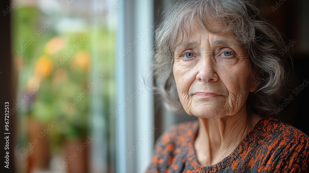 A woman with gray hair and a sad expression. She is wearing an orange shirt. Concept of loneliness and sadness A woman with gray hair and a sad expression. She is wearing an orange shirt. Concept of loneliness and sadness