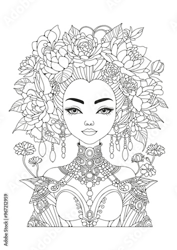 A beautiful girl with long hair is decorated with a wreath of flowers. Coloring page. Art therapy for children and adults. Art line, hobby.