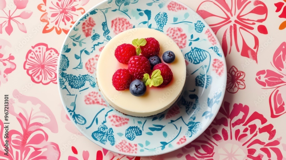 A small round cheesecake topped with fresh raspberries and blueberries on a blue and white floral plate. A small round cheesecake topped with fresh raspberries and blueberries on a blue and white floral plate.