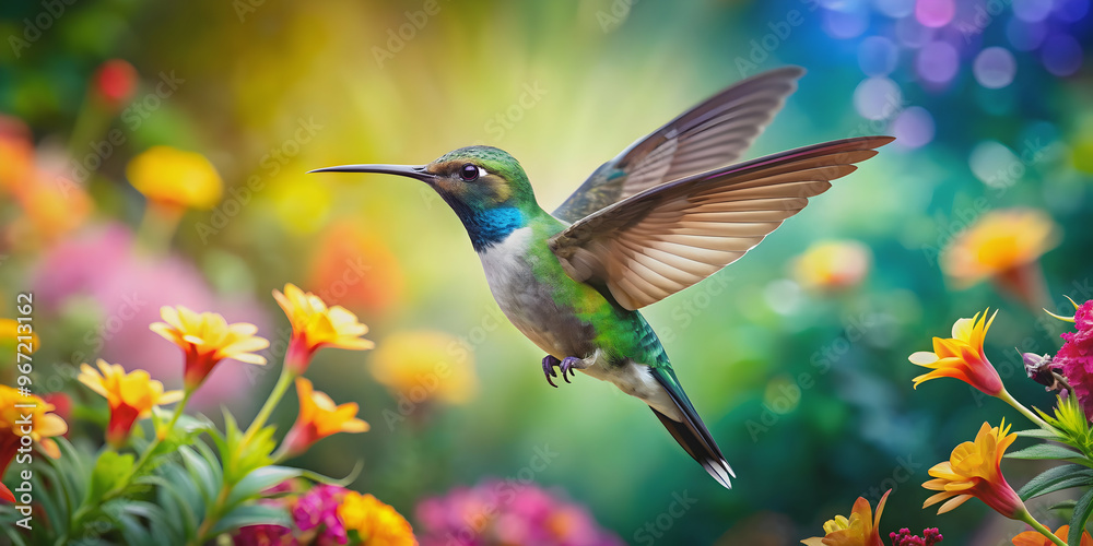 Fototapeta premium Hummingbird hovering over vibrant tropical flowers surrounded by colorful wildlife and nature elements, hummingbird, tropical