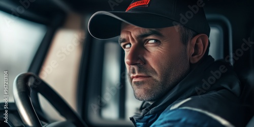 A focused man in a truck cabin captured in a detailed portrait. The intensity in his gaze reflects determination and strength. This professional image is perfect for careers and routines. AI