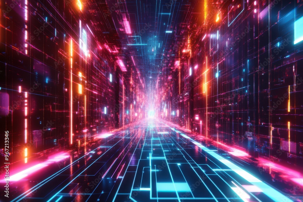 Futuristic digital landscape with glowing neon grids