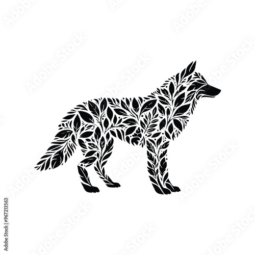 Wolf made by simple botanical drawing, black and white animal illustration black and white animal illustration