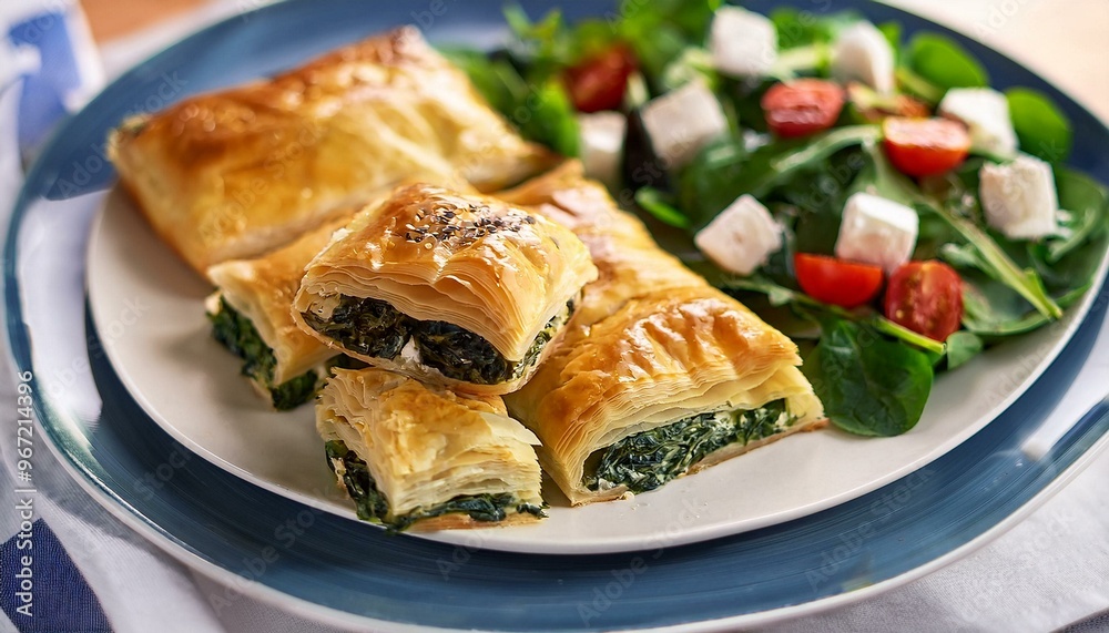 A delicious Greek Spanakopita made with layers of crispy phyllo pastry, filled with a savory mixture of spinach and feta cheese, baked to perfection.
