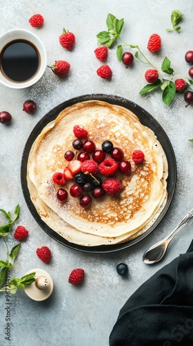 A stack of thin pancakes topped with fresh berries and a cup of coffee.