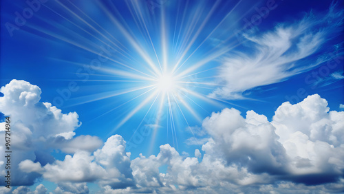 Sun shining brightly on a clear blue sky with fluffy white clouds , sunlight, nature, sky, clouds, background, sunny