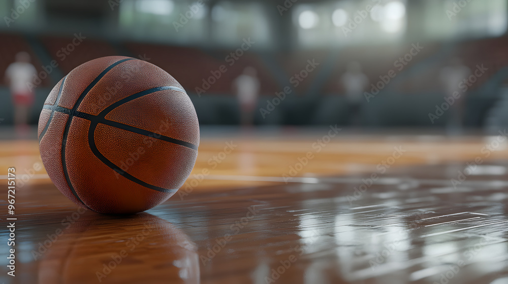 Basketball resting on polished wooden indoor court with soft reflections and blurred background of players and spectators Basketball resting on polished wooden indoor court with soft reflections and blurred background of players and spectators