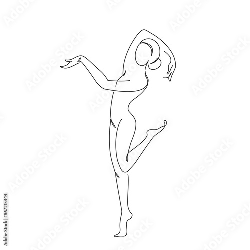 Elegant motion continuous line art drawing of a dancer, woman doing sport, ballerina. Beauty dancer, freedom concept. Minimal poster print art. Trendy one line draw design vector graphic illustration