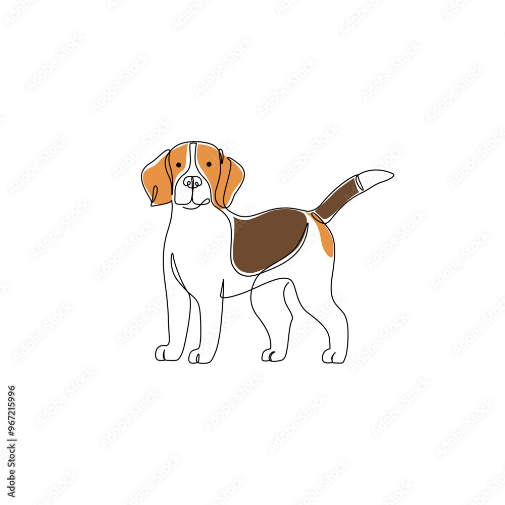 Abstract beagle dog drawing. Continuous one line art of canine pet. Funny beagle dog standing isolated on white background. Vector minimalistic linear illustration. Domestic breed contour shape symbol