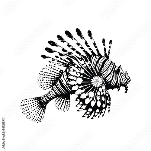 Lionfish made by simple flower drawing, black and white animal illustration