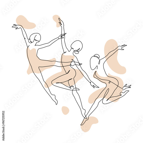 Elegant motion continuous line art drawing of women doing sport, dancing, ballerinas. Beauty dancer, freedom concept. Minimal poster print art. Trendy one line draw design vector graphic illustration