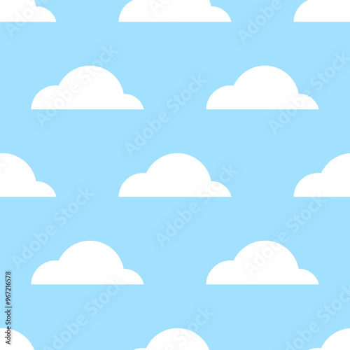 Seamless pattern of white clouds on a light blue background that looks simple but warm in flat design.