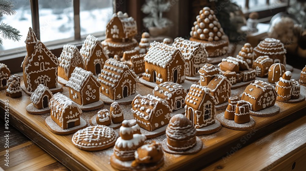 Gindger christmas house on a wooden table with fir wreath Gindger christmas house on a wooden table with fir wreath