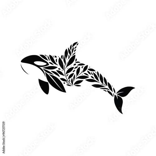 orca fish made by simple botanical drawing, black and white animal illustration