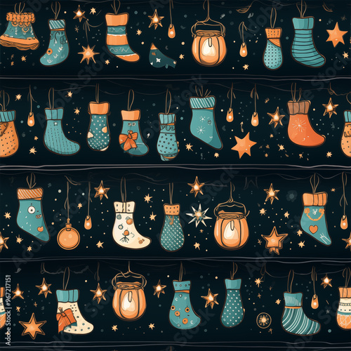 Seamless Christmas pattern with hanging stockings, ornaments, and fairy lights, colorful and cheerful 