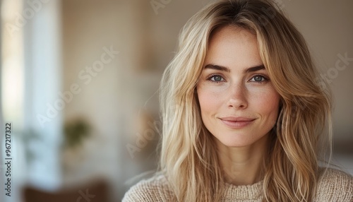 minimalistic portrait of beautiful blonde caucasian woman in beige sweater, closeup, natural beauty photo