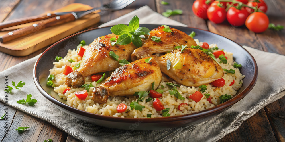 Delicious chicken with rice dish , food, meal, dinner, lunch, poultry, grains, white meat, savory, tasty, cooking, homemade Delicious chicken with rice dish , food, meal, dinner, lunch, poultry, grains, white meat, savory, tasty, cooking, homemade