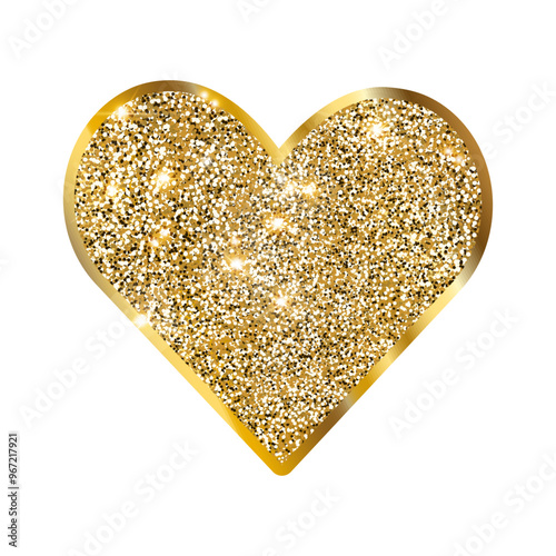 Golden heart in a frame. Golden heart made of gold sparkles. Postcard for February 14th. Valentine's Day. Shining golden heart