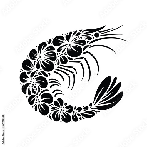 Shrimp made by simple flower drawing, black and white animal illustration