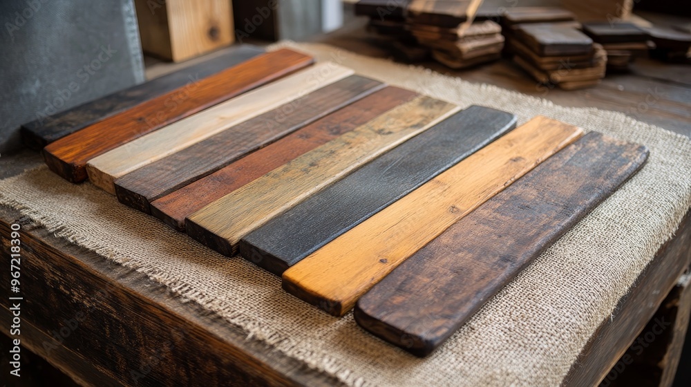 Swatches of rustic wood, each with a different finish from natural to deep mahogany, displayed on a burlap-covered table Swatches of rustic wood, each with a different finish from natural to deep mahogany, displayed on a burlap-covered table