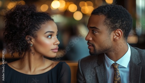 attitude of the spouses, black man and woman are sitting in restaurant looking into each other's eyes photo