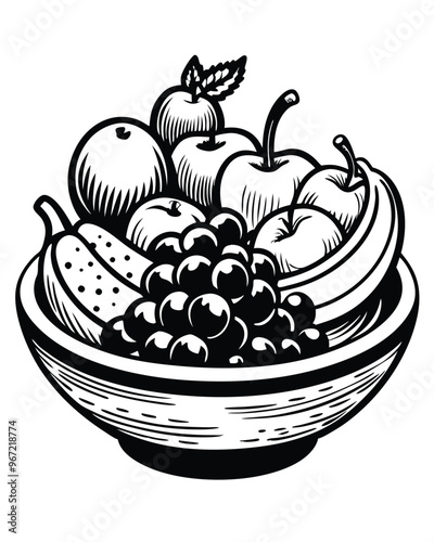 Black and white illustration of a bowl of fruit with apples, bananas and grapes in a hyperrealistic style.