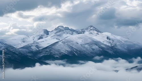 Snowy mountain landscape under a cloudy sky with dramatic foreground clouds