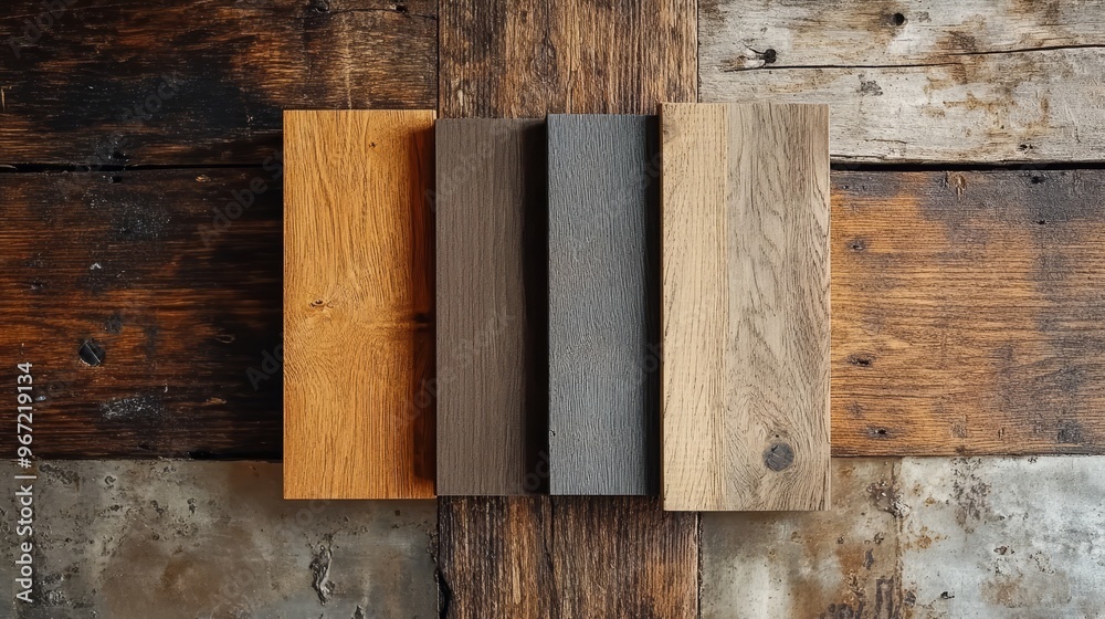 Traditional cherry wood and modern gray oak swatches, artistically placed on a reclaimed wood plank, highlighting the fusion of old and new design Traditional cherry wood and modern gray oak swatches, artistically placed on a reclaimed wood plank, highlighting the fusion of old and new design