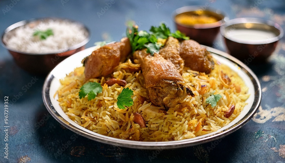 A vibrant plate of Indian Chicken Biryani, with layers of spiced basmati rice, tender marinated chicken, and crispy fried onions. A vibrant plate of Indian Chicken Biryani, with layers of spiced basmati rice, tender marinated chicken, and crispy fried onions.