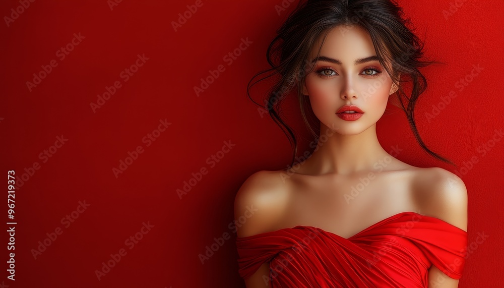 beautiful caucasian woman in red dress with bright makeup on red background, copy space beautiful caucasian woman in red dress with bright makeup on red background, copy space