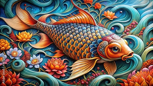 Inkings of ornamented koi fish with iridescent scales and flowing fins swirl across the skin in intricate, body art designs, showcasing vibrant colors and mesmerizing patterns. photo