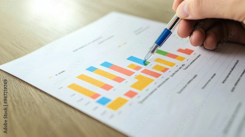 Close up of a person s hand highlighting key metrics and data points on a printed analytical report showcasing a focused business analysis and financial performance review Close up of a person s hand highlighting key metrics and data points on a printed analytical report showcasing a focused business analysis and financial performance review