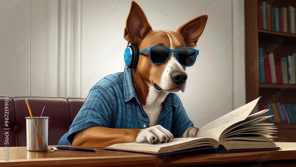 one cool pub dog wearing headphone reading book sketch sitting in front of study table, JPEG file one cool pub dog wearing headphone reading book sketch sitting in front of study table, JPEG file