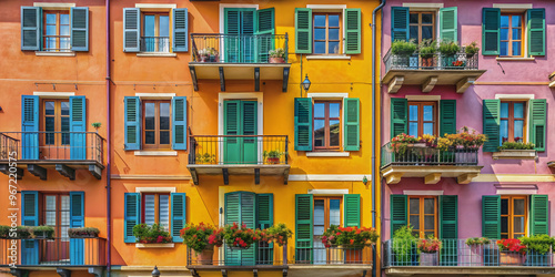 Italian building exterior with colorful walls, cute terraces