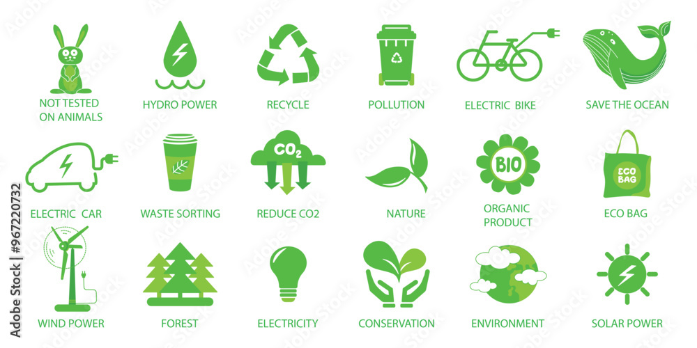 Ecology icon set. Nature, recycle, renewable energy, electric bike, solar pover, environment, forest, eco bag, wind power, green symbol. Solid icons vector collection. Ecology icon set. Nature, recycle, renewable energy, electric bike, solar pover, environment, forest, eco bag, wind power, green symbol. Solid icons vector collection.