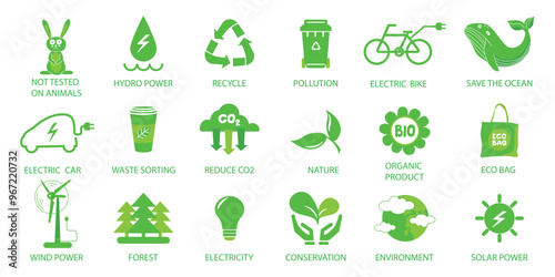 Ecology icon set. Nature, recycle, renewable energy, electric bike, solar pover, environment,  forest, eco bag, wind power, green symbol. Solid icons vector collection.