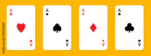 Four aces icon set. Playing card. Poker cards suits. Hearts, clubs, diamonds, spades ace. Winning poker hand. Las Vegas Casino gambling concept. Simple flat design. Isolated. Yellow background. Vector