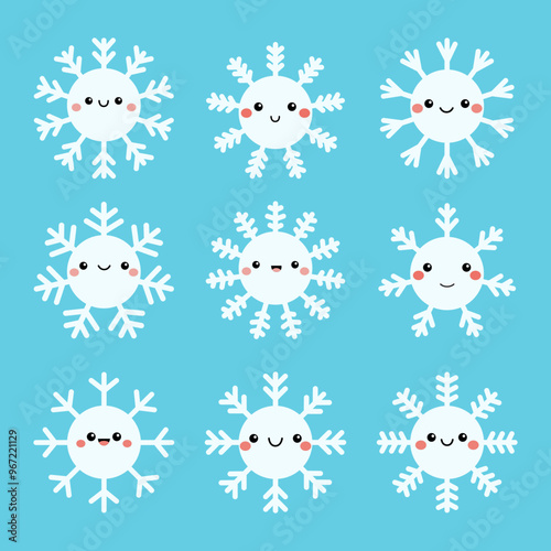 White snowflake icon set. Cute cartoon kawaii funny baby character. Different shape, face emotions, sign. Snowflakes collection. Childish style. Flat design. Blue background. Isolated. Vector