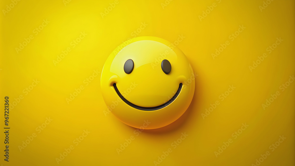 Fototapeta premium Joyful smiley face on bright yellow background, joy, happiness, cheerful, positive, emoji, emotion, facial expression