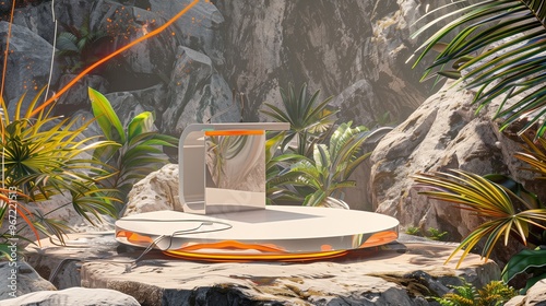 : A modern podium on a rugged rock formation, surrounded by tropical plants and an abstract background with fluid lines and bright colors.
