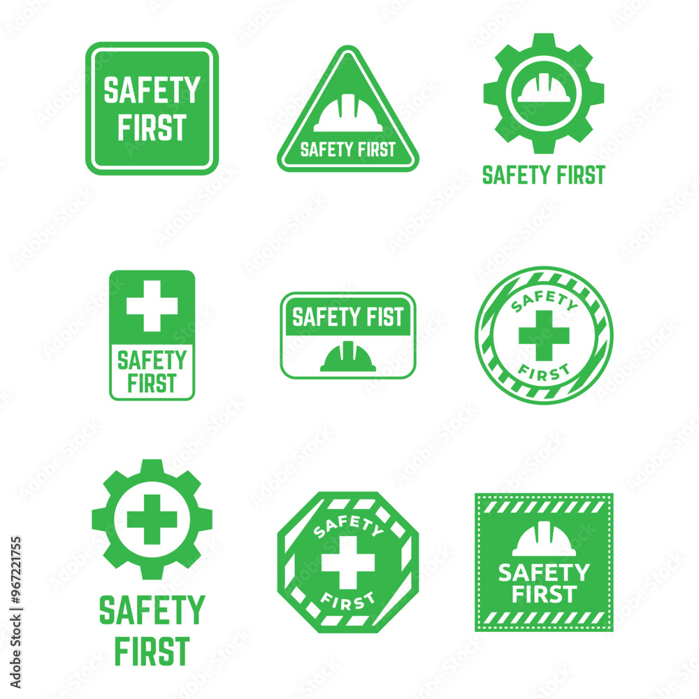 Set of Safety first sign logo design for safety workplace factory manufacture banner. Set of Safety first sign logo design for safety workplace factory manufacture banner.