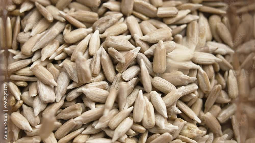 Peeled sunflower seeds falling into plastic package in slow motion. Packaging market groceries. Top view. Slow motion. Rotation. Macro shot Peeled sunflower seeds falling into plastic package in slow motion. Packaging market groceries. Top view. Slow motion. Rotation. Macro shot