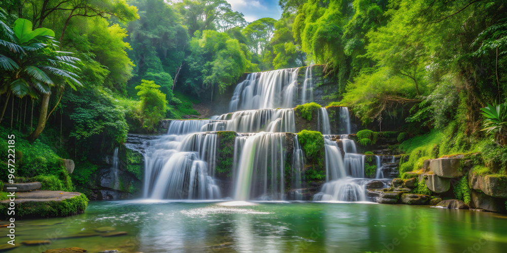 Tranquil tiered waterfall surrounded by lush green forest, Tranquil, tiered, waterfall, lush, green, forest, nature, serene Tranquil tiered waterfall surrounded by lush green forest, Tranquil, tiered, waterfall, lush, green, forest, nature, serene