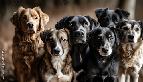 Curious dogs of different sizes and colors posing together for the camera