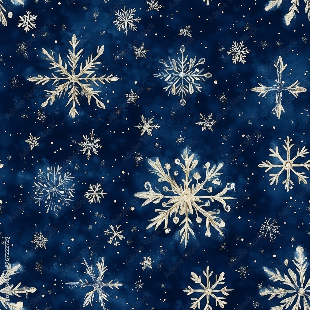 Winter Wonderland: Seamless Pattern of Golden Snowflakes on Blue Background Winter Wonderland: Seamless Pattern of Golden Snowflakes on Blue Background