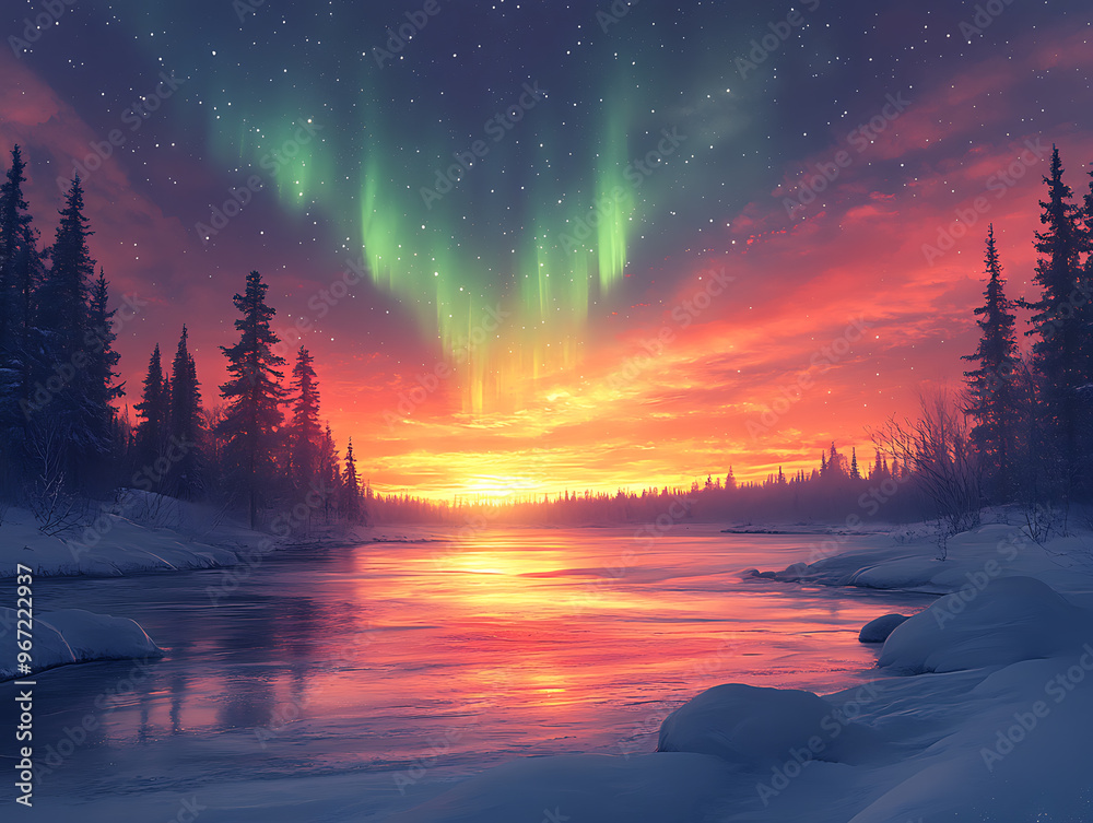 Northern lights over the frozen river in winter forest at sunset. 3d rendering Northern lights over the frozen river in winter forest at sunset. 3d rendering