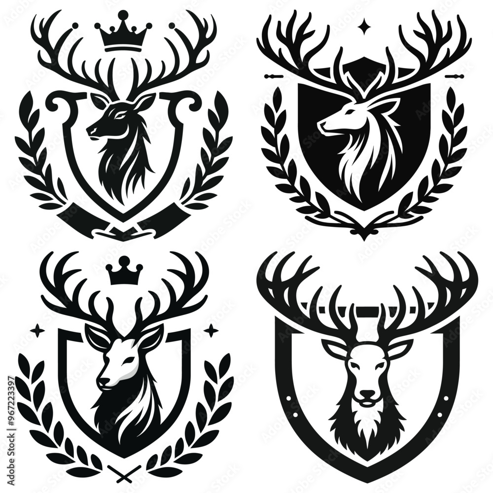 Heraldic deer crests, black and white, vector illustration, ideal for emblems or logos Heraldic deer crests, black and white, vector illustration, ideal for emblems or logos