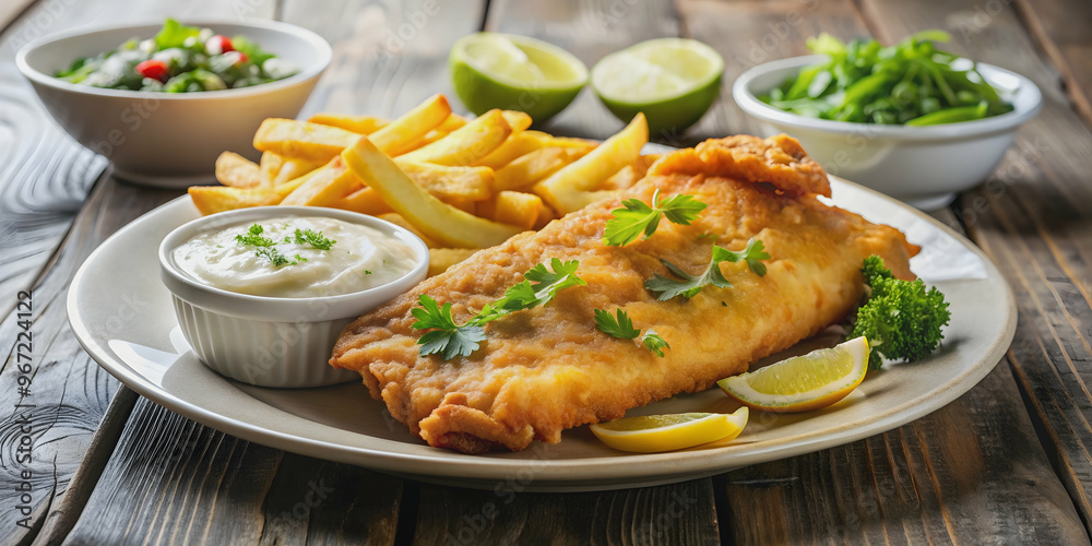 Traditional British fish and chips meal with crispy battered fish and thick-cut fries, British, traditional, classic Traditional British fish and chips meal with crispy battered fish and thick-cut fries, British, traditional, classic